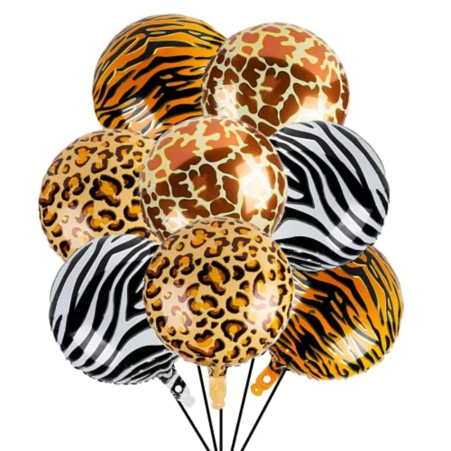8 Globos con Diseño de Animales de Safari, 18 Pulgadas, Redondos, de Aluminio Mylar, con Estampado de Jirafa, Tigre, Cebra y Leopardo para Zoológico o Safari