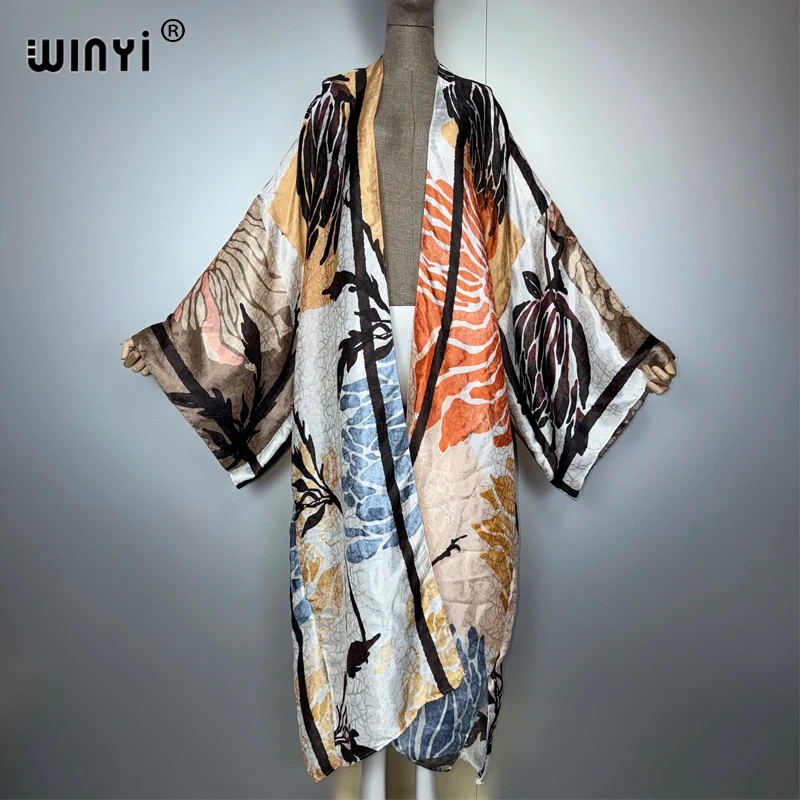WINYI أفريقيا أنيقة كيمونو فساتين طويلة للمرأة بالأزرار ملابس الشاطئ قفطان الشاطئ التستر فستان الحفلات مثير ماكسي معطف #4