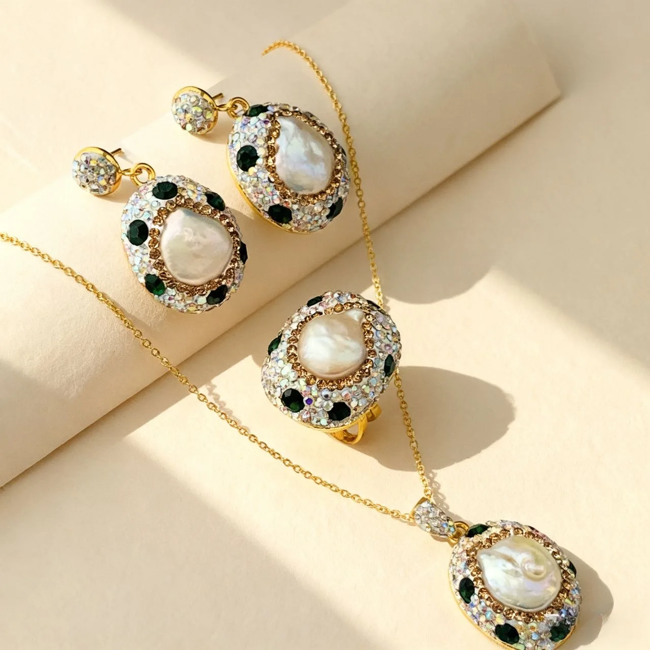 Three-Piece Set Natural Baroque Pearl Necklace Earrings and Ring Natural Freshwater Irregular-Shaped Pearl Sweater Chain Jewelry