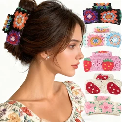 AWAYTR Knitted Large Flower Hair Clip for Women Sweet Crochet Hairpins Cotton Hair Claws Crab Clamp Barrettes Hair Accessorie