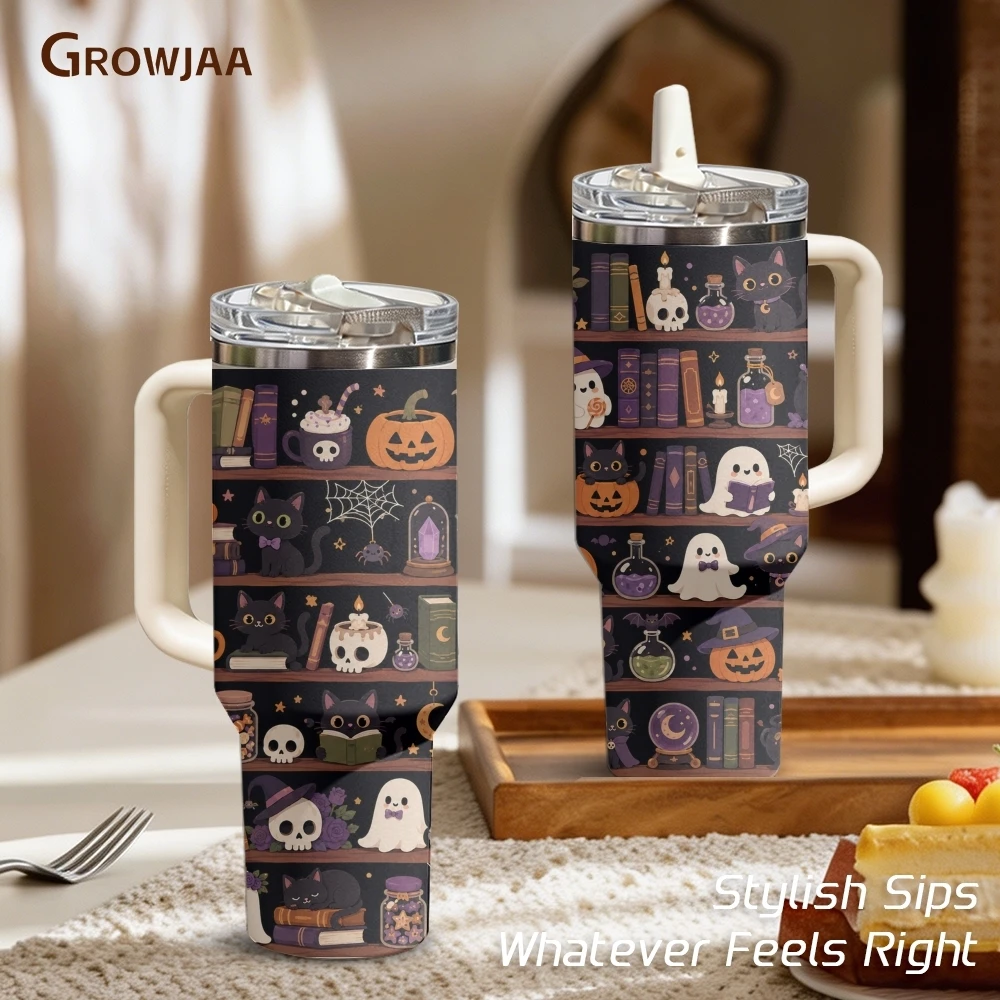 Halloween Cats Spooky Bookshelf Vacuum Flasks 40oz 3rd Gen Vacuum Insulated Stainless Steel Tumbler Cup With Handle Straw Lid