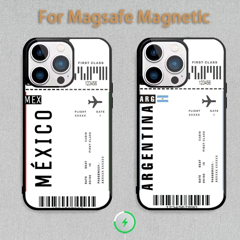 Funda de teléfono con etiqueta de billete de viaje para carga inductiva magnética iPhone 11 12 13 14 15 Max Pro Mini Plus Shell