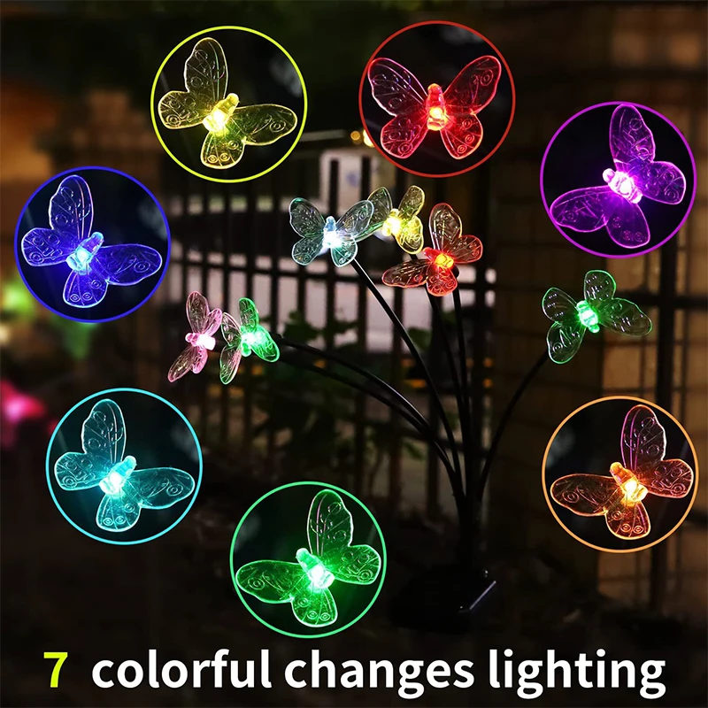 Butterfly Lawn Solar Lights, ao ar livre, impermeável, jardim, luz solar alimentado, paisagem, decoração lâmpada, 2 modos