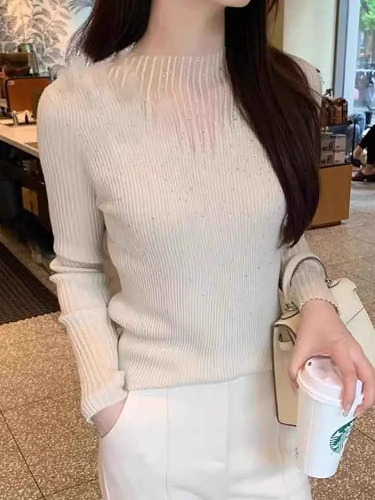

Ele Lace Diamond Embellied Long Sve Overhead Knitted Base irt Korean Sle Slim Fit Faionable Luxury Top