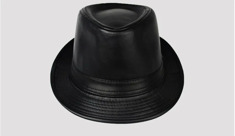 Mann hochwertiges echtes Leder Jazz Fedora Gentleman Kuhhaut kurze Krempe schwarz/braun Schaffell angepasste Zylinder männlich zeigt – Detail 6