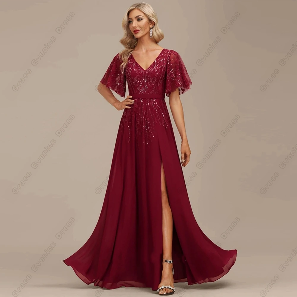 

Burgundy Strapless Mother of Bride Dresses for Women Short Sleeve Side Slit Wedding Party Gown with Sequined Vestido De Noche