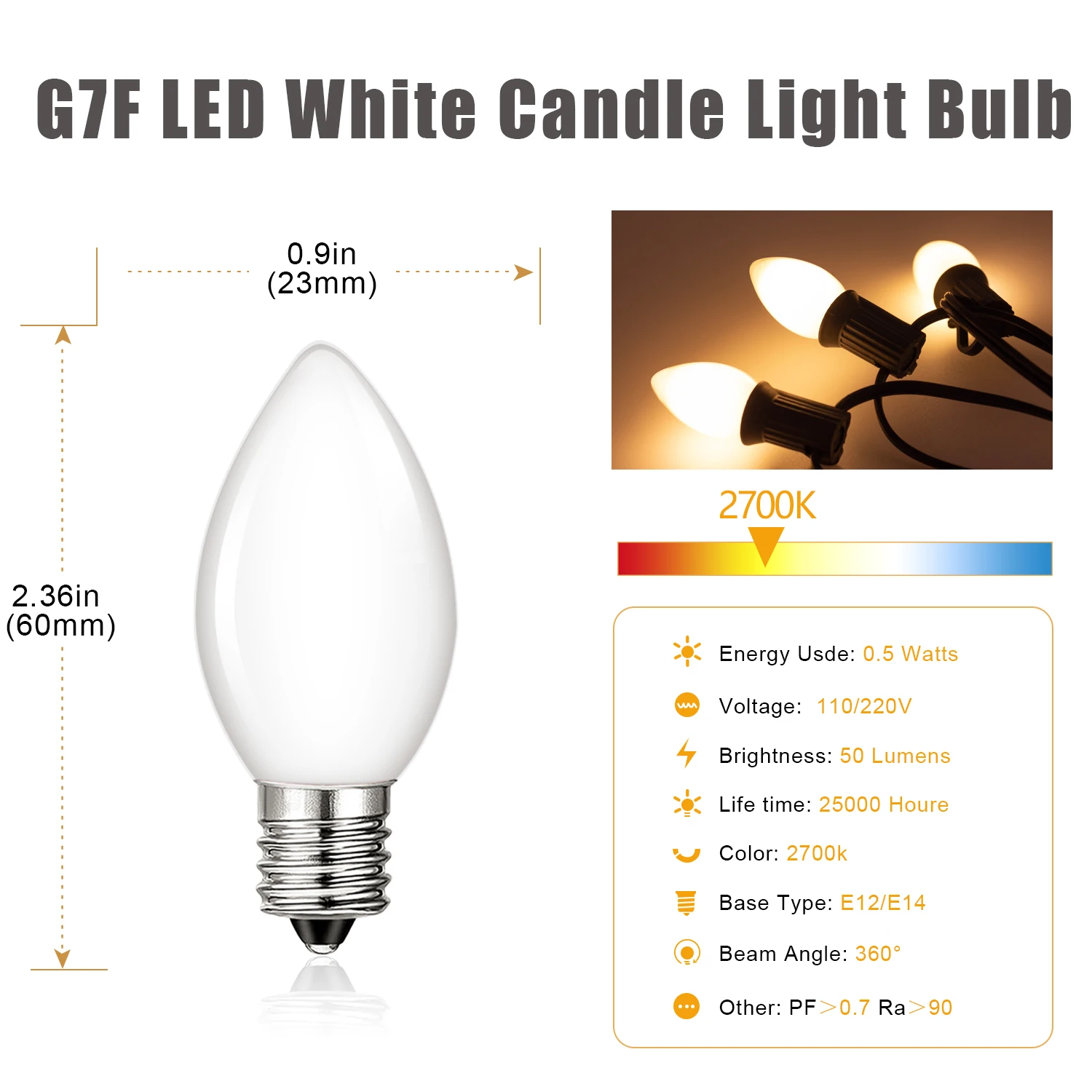 Frosting C7 Led Bulb E14 220V E12 110V 0.5W Warm White Candle Bulbs Chandelier Crystal Lamp String Light Christmas Decoration