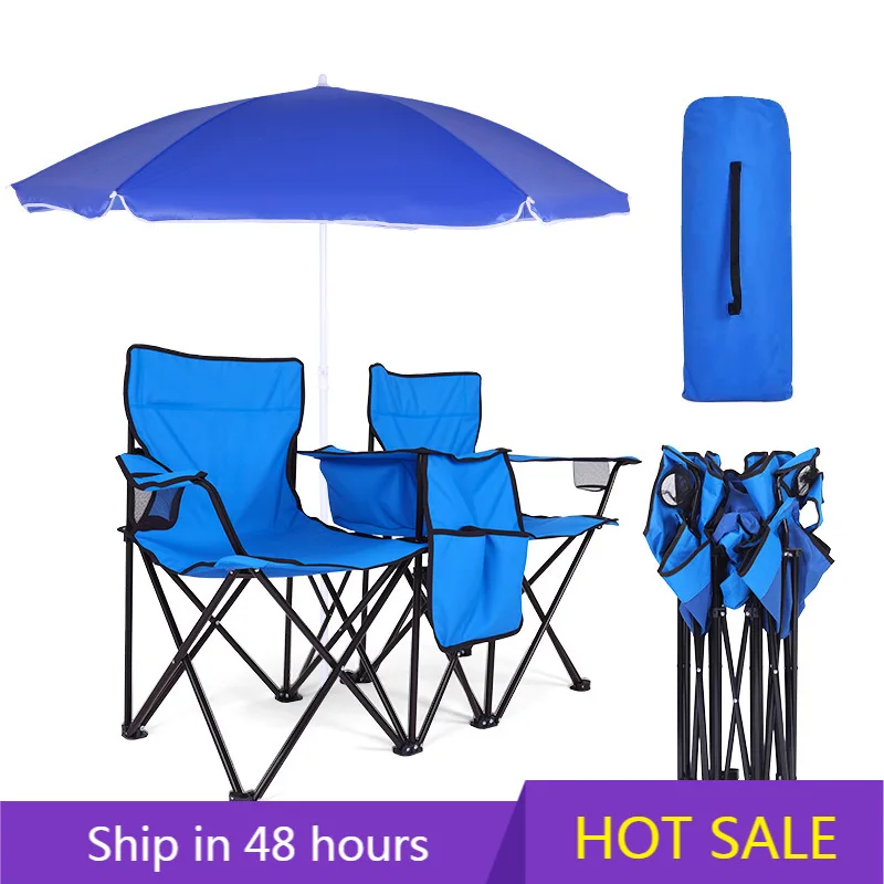 

YTYIN Wholesale Outdoor Leisure Beach Fishing Folding Metal Chair Portable Metal Double Camping Chair with Sunshade & Cooler Bag