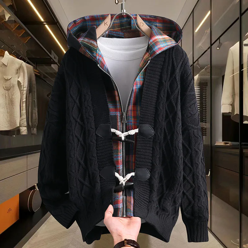 

Мужской вязаный кардиган свободного кроя, повседневный, осенне-зимний, модный, брендовый, с узором «косы», на молнии, из полиэстера