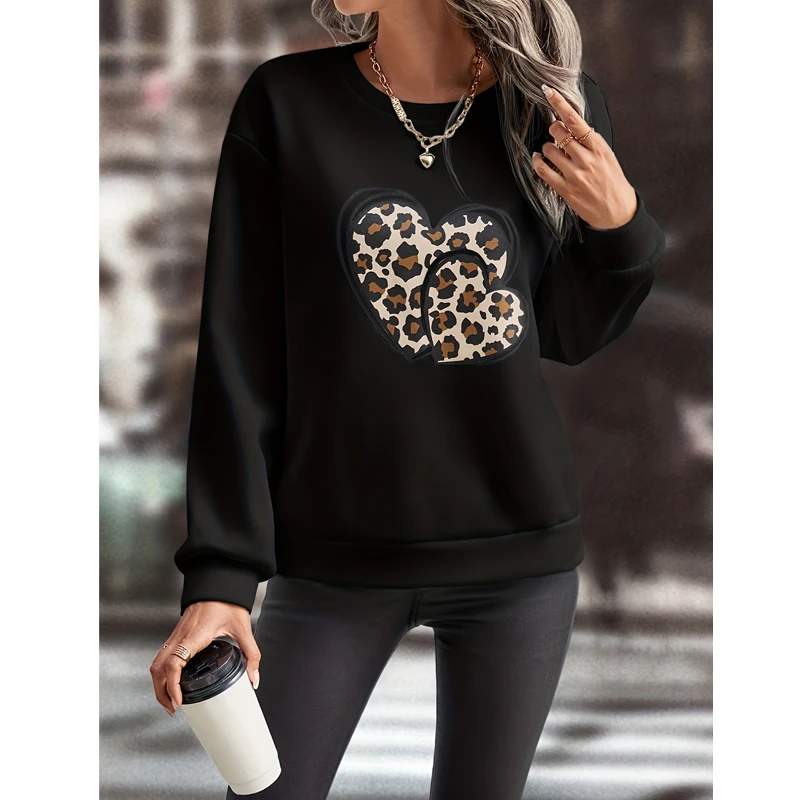 Women Trendy Casual Leopard Heart Graphic Print Streetwear Y2K Sweatshirts Female Autumn Fashion Loose Long Sleeve Pullover Tops