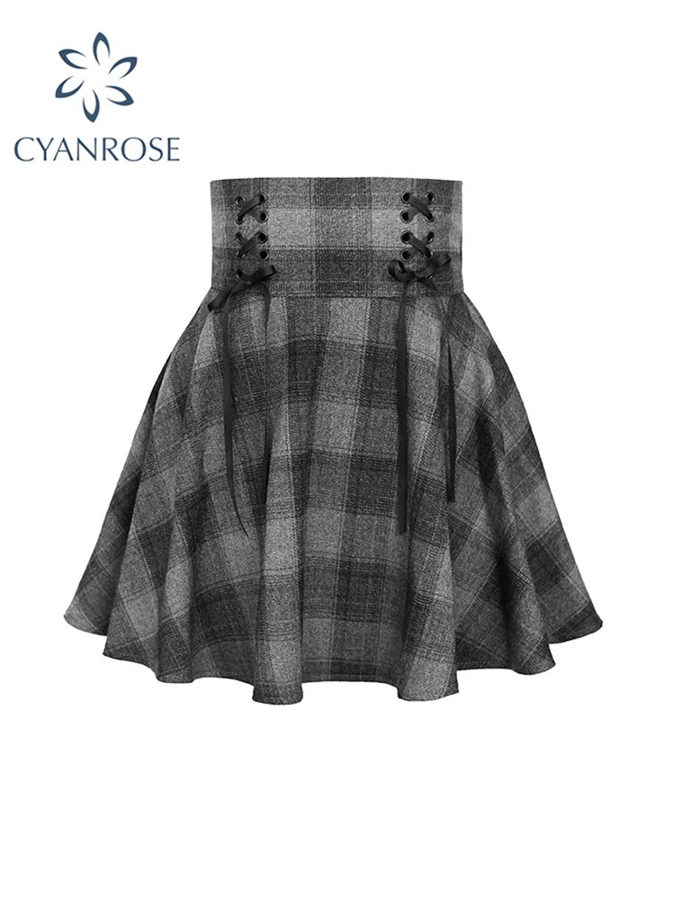 Women Plaid Mini Skirt Y2k Dark Grey A-Line Skirts Harajuku Korean Vintage 90s Lace-up High Waist Skirt Emo 2000s Trashy Clothes