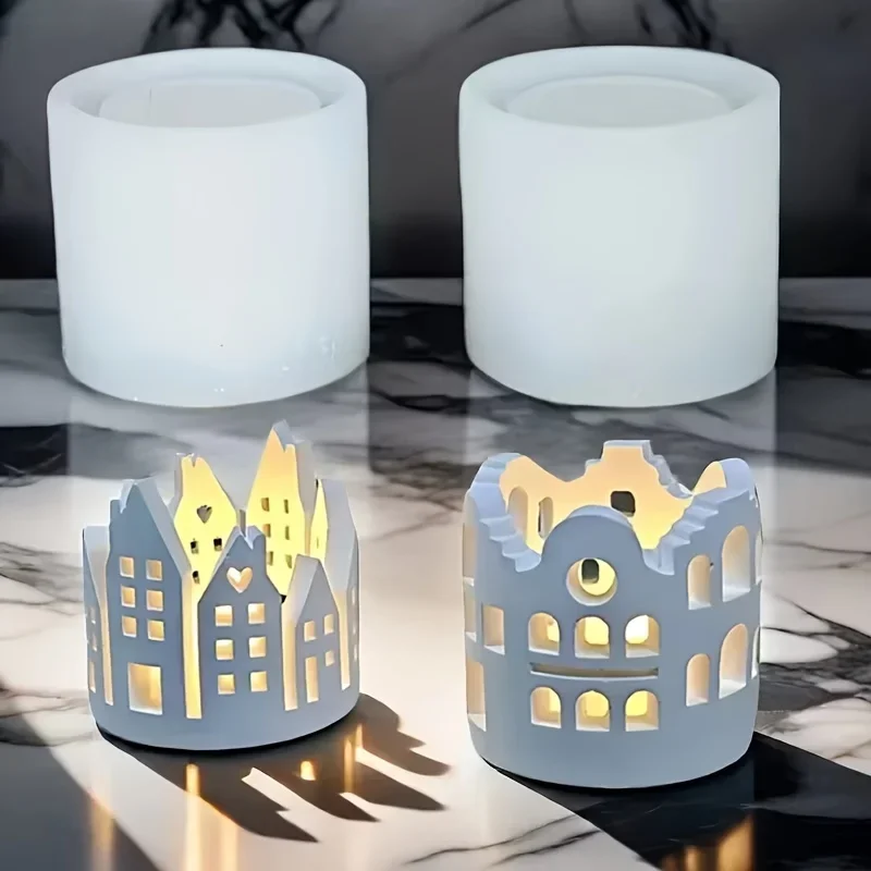 Round House Building Candle Holder Silicone Mold DIY Storage box Cement Gypsum Resin Pouring Ornaments Molds Christmas gift