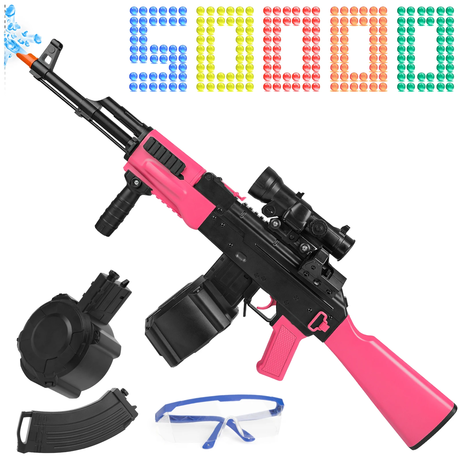 Automatic Gel Ball Blaster,AKM Splatter Ball Blaster Toy with Drum Mag & 50000 Water Beads for Outdoor Shooting Games Kids Gifts