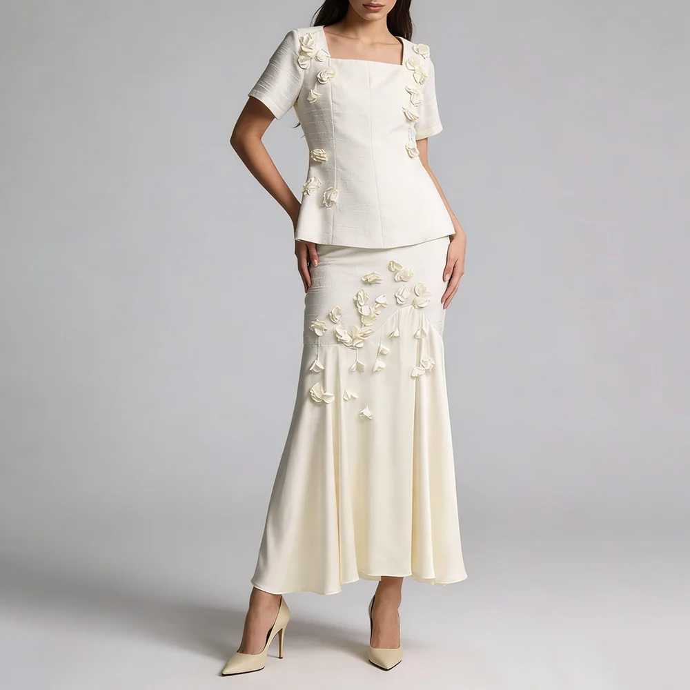 TWOTWINSTYLE Solid Spliced 3D Flower Two Piece Set for Women Square Neck Short Top High Waist Patchwork Ruched Skirts Set Female