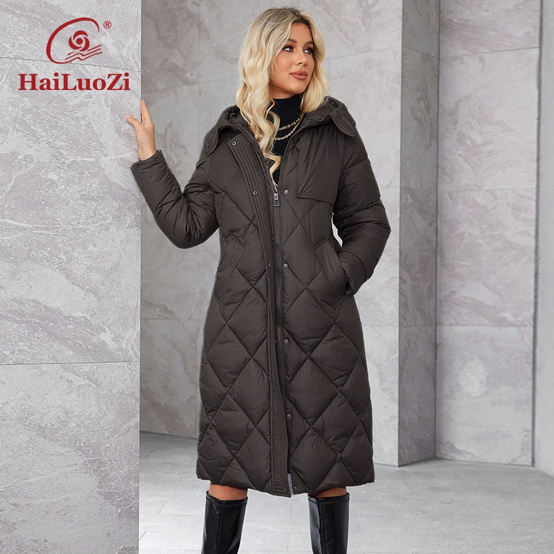 HaiLuoZi 2024 New Ladies Winter Cotton Hooded Fur Long Women\'s Parka Coat Elegancka pikowana kurtka damska z dużymi kieszeniami i paskiem 1311