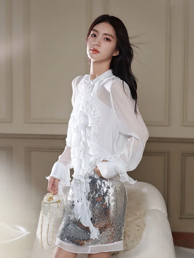 

Ele White Silk Long Sve irt for Women with Lace Trim French Sle Loose Fit Breathable Spring Faion 2024 New Arrival