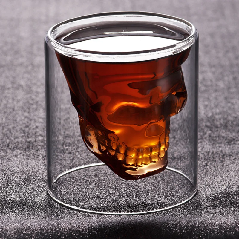 2 Pcs Double Wall Creative Bar Skull Whiskey Liquor Beer Glass Halloween Shot Glasses Teacup Juice Mug Drinking Club Wine Cup