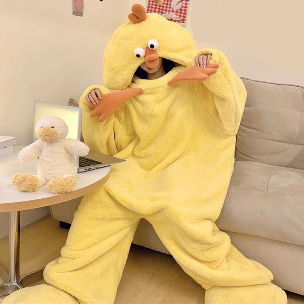 Adult Onesie Pyjama Animal Halloween Yellow Chicken Costume Unisex Onesies Plush Cosplay Pajamas Set One-Piece Sleepwear Blanket