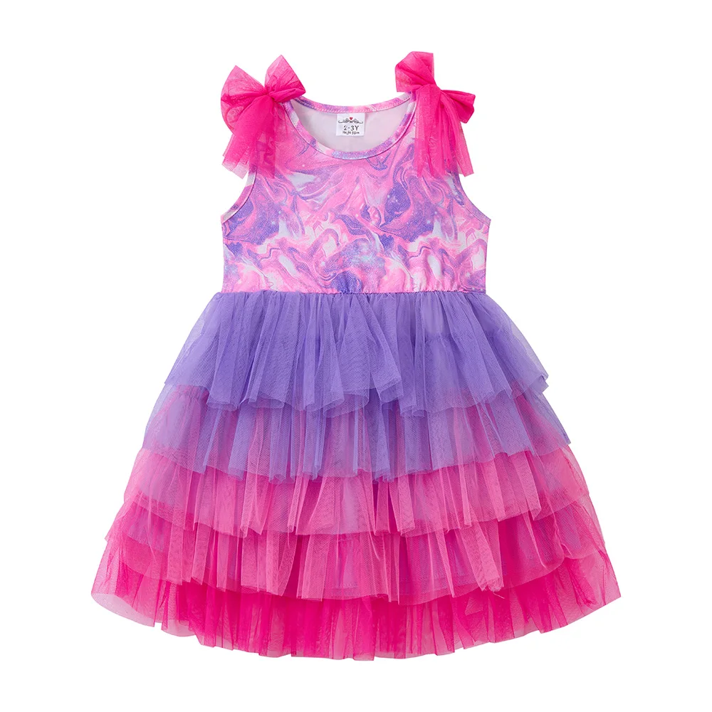 Mädchen-Tüllkleid mit Volants, Rosa Ärmelloses Sommerkleid mit Schleife, Mehrlagiges Geburtstags-Prinzessinnenkleid aus Polyester – Detail 4