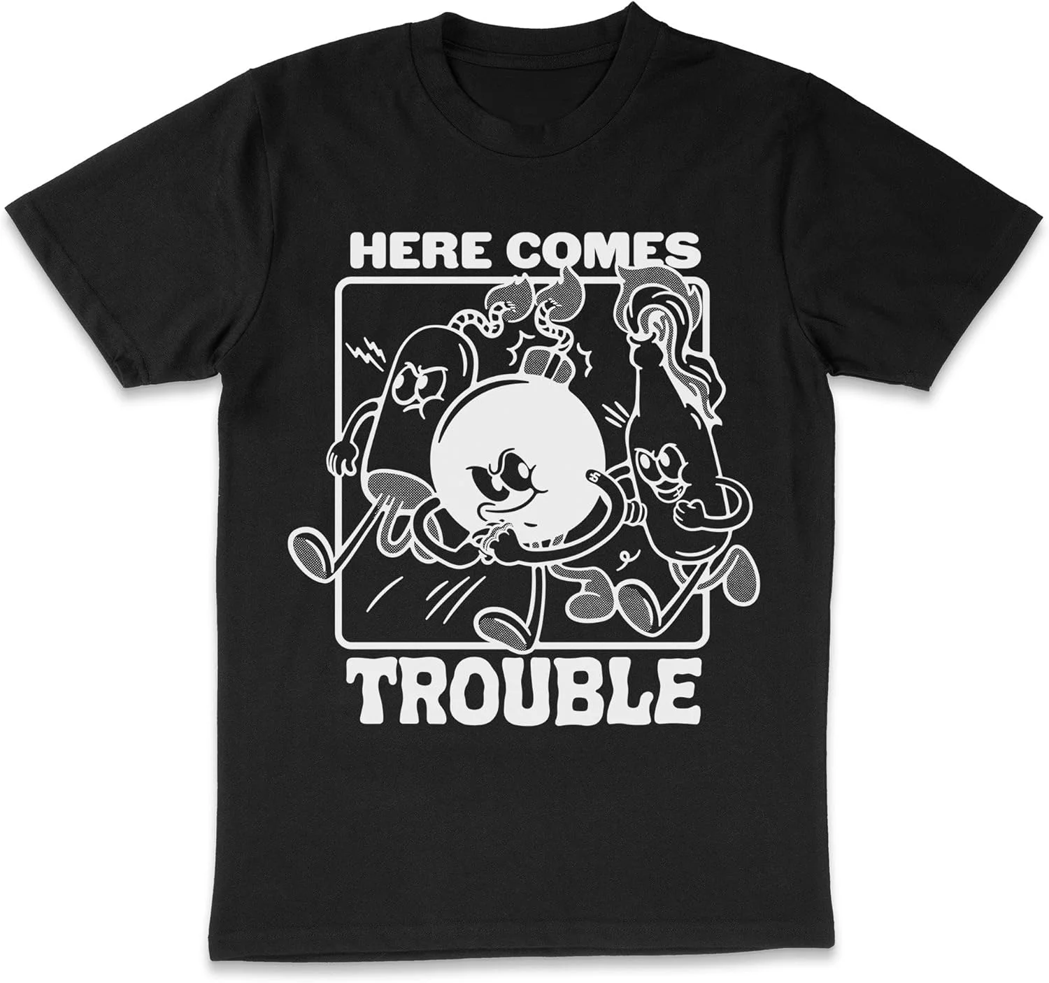 THRILL HOUSE Here Comes Trouble Retro Vintage Cartoon Rubber Hose Artwork Slogan Funny Men's and Women's Clothing T Shirt