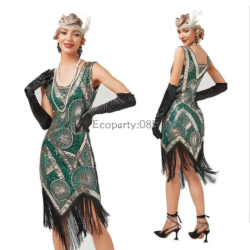 Women 1920s Vintage Beaded Sequin Deco Inspired Flapper Gatsby Dress Banquet Dresses Temperament V-neck Fringed Large Size Dress