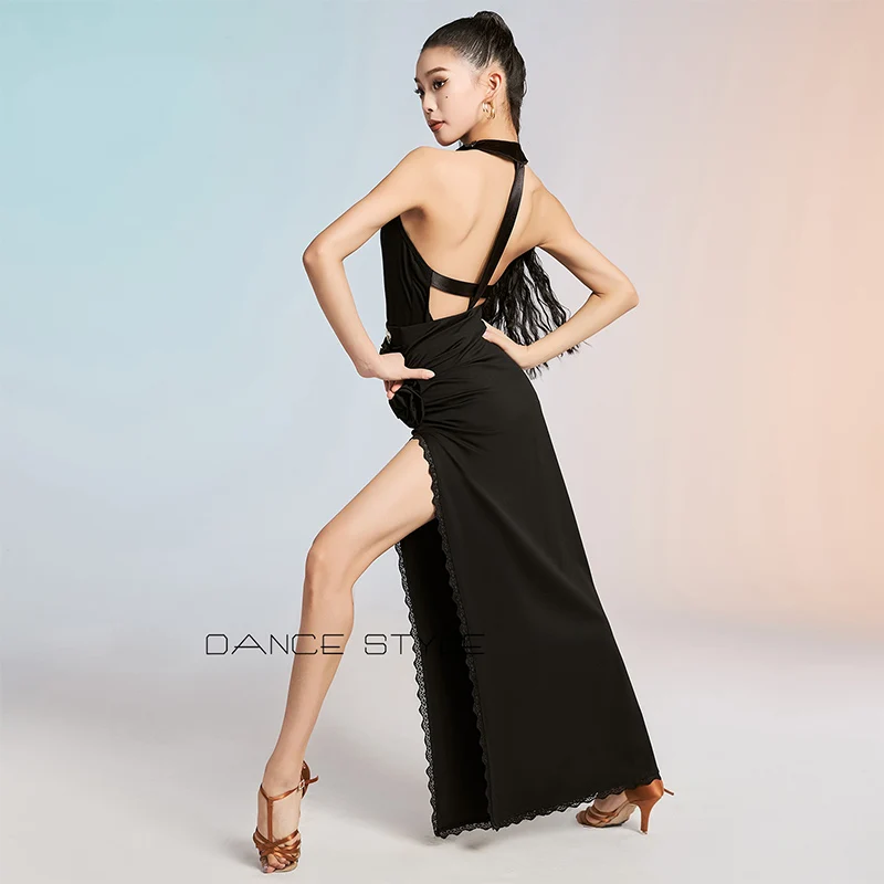 Volwassen Sexy Latin Dans Kleding Vrouwen Prestaties Kleding Tango Rumba Toneelkostuum Zwart Backless Bodysuit Spleet Rok VBH2081