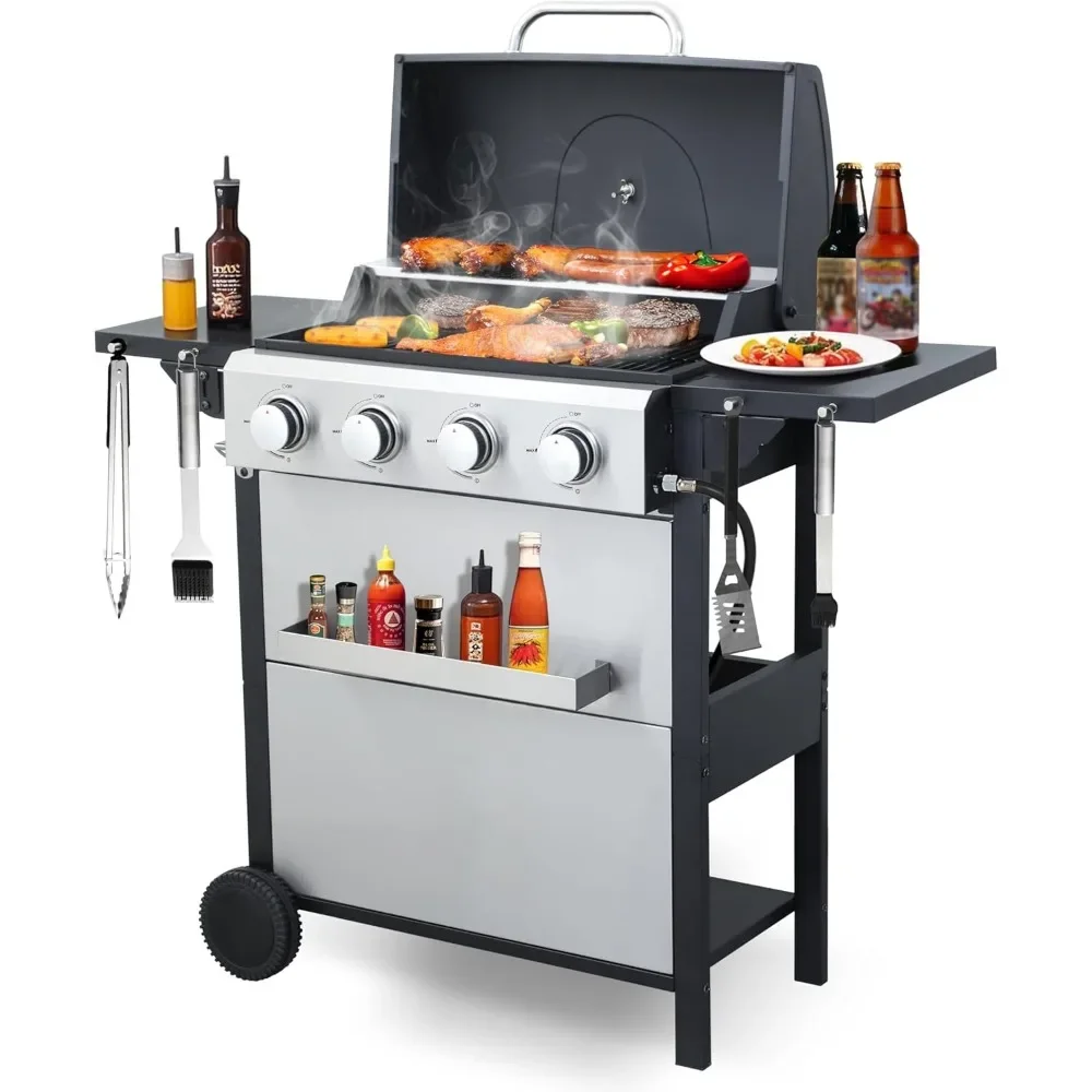 

Gas Grill with 2 Foldable Side Tables, 34,200 BTU Outdoor BBQ Grill with Porcelain-Enameled Flame Tamers