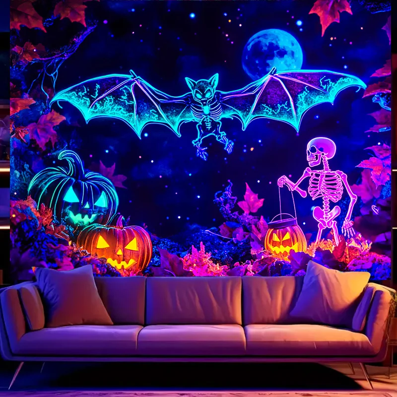 VIKAMA Halloween Wandteppich Fledermaus Kürbis Skelett Party Gaming Raumdekoration Cyberpunk Stil Dekoration