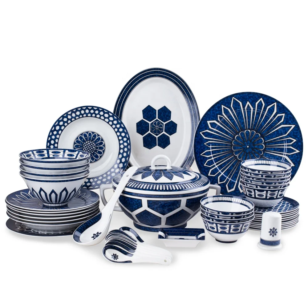 58 Pcs Dinnerware Set Kitchen Utensils Flatware Sets Porcelain Dinnerware Set Wholesale Western Ceramic Minimalist Blue Cup Kit