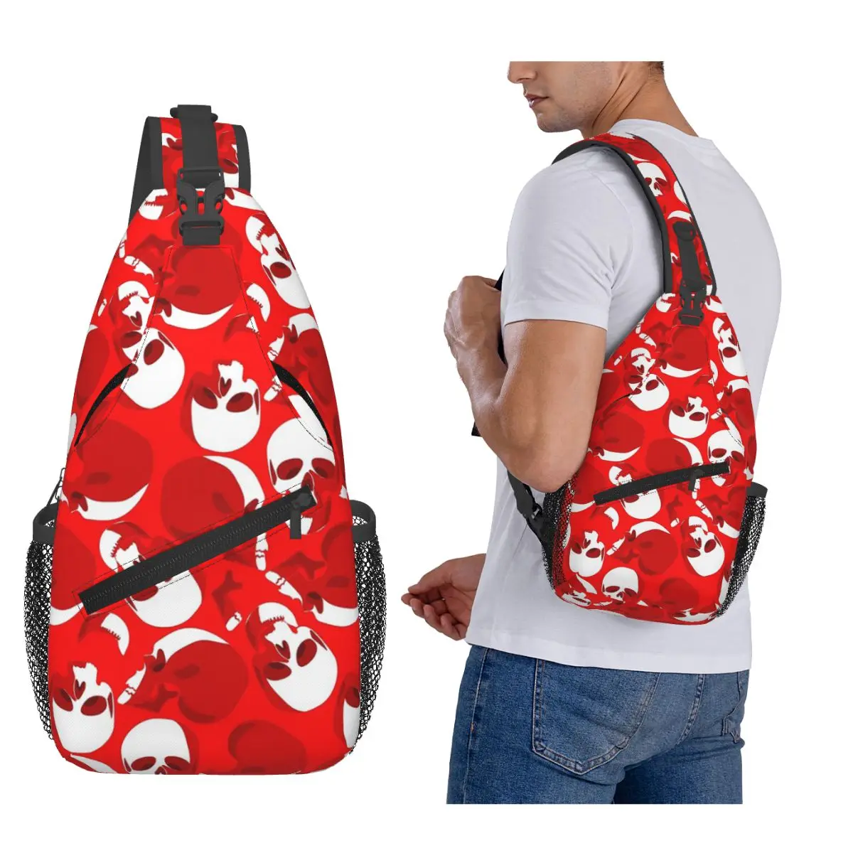 

Halloween Red Skull Skeleton Pattern Chest Bag Men Sling Crossbody Backpack Chest Bag Traveling Hiking Daypack Shoulder Bag