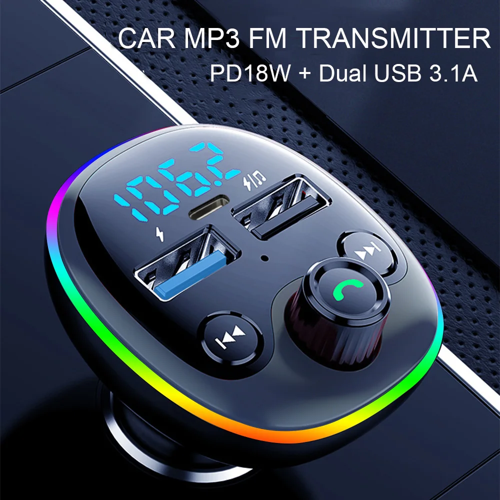 Transmissor FM sem fio com carregador rápido Dual USB, Handsfree Car Kit, Modulador de rádio, MP3 Player, Suporte TF Card, PD, 18W, Bluetooth 5.0