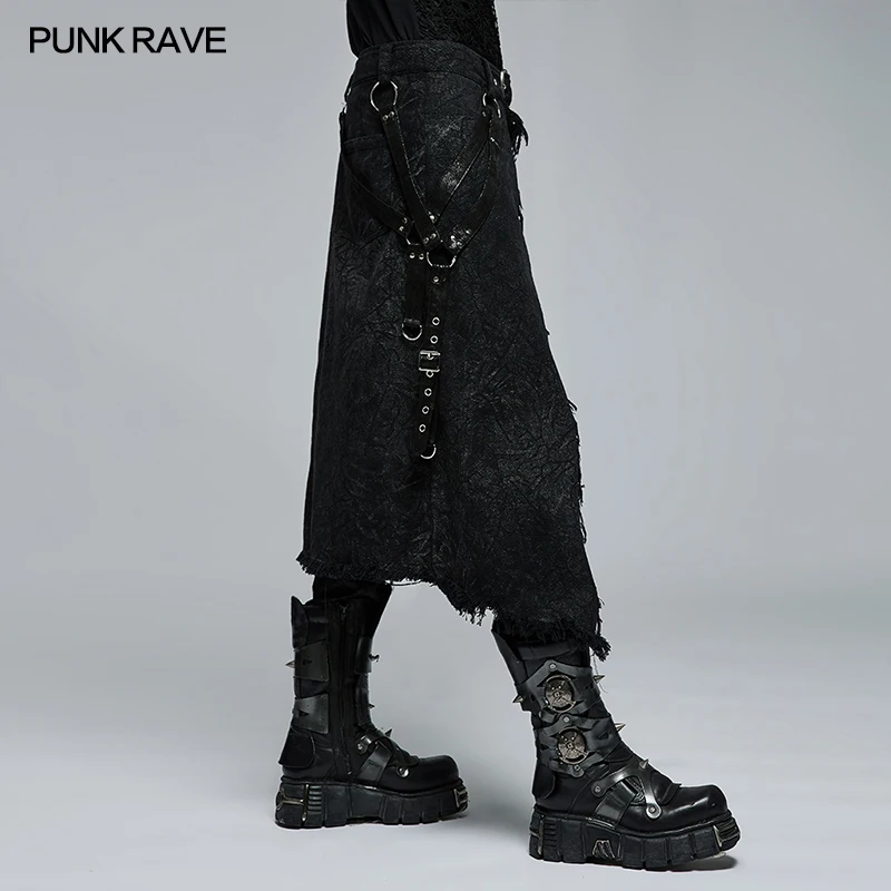 PUNK RAVE Men's Gothic Textured Printed Stylish Kilt Decorated Which Is Detachable Leather Loop Party Club Men Black Skirtpants