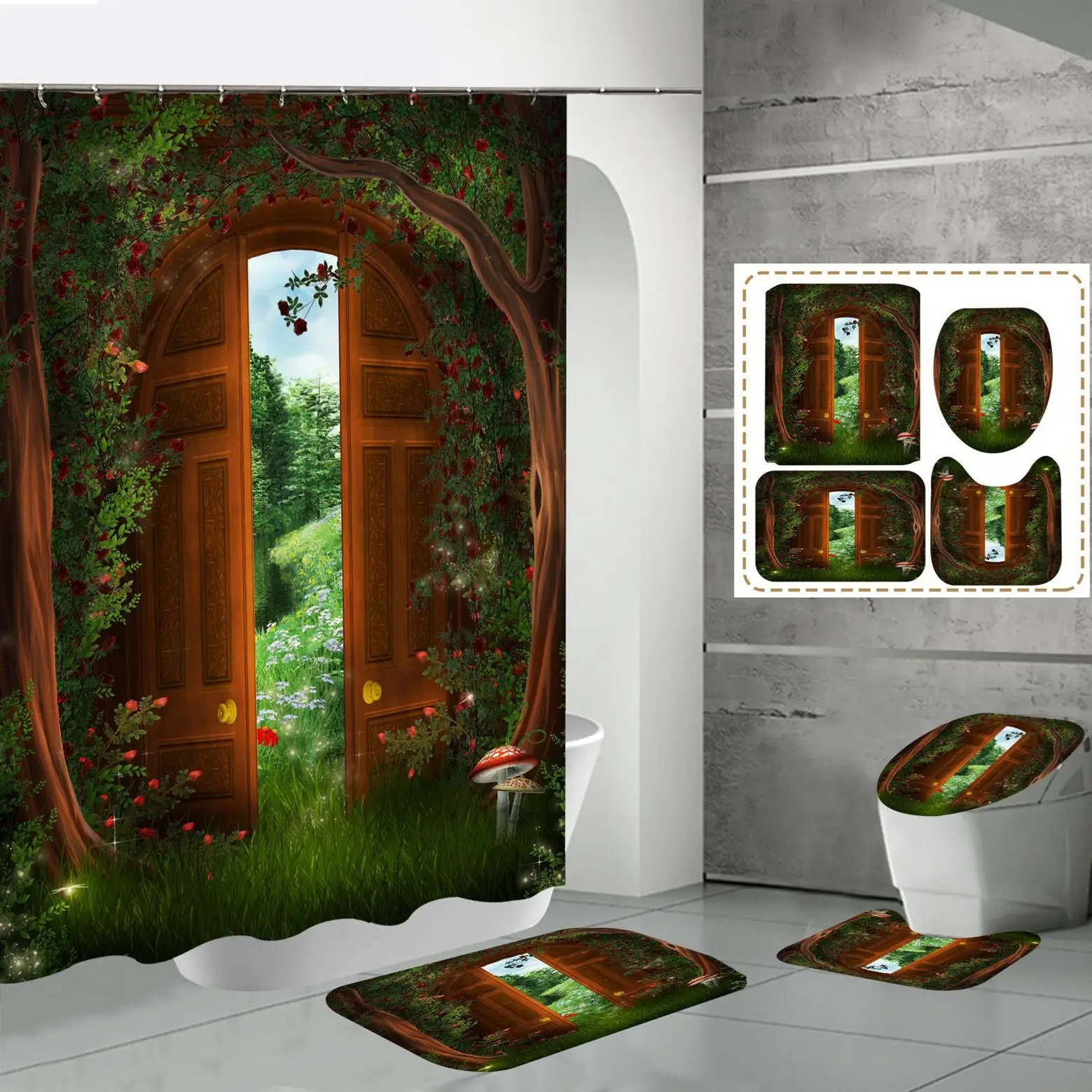 

Fantasy Forest Shower Curtain Set With Rugs Wooden Door Garden Tree House Fairy Tale World Natural Scenery Bathroom Decor Set