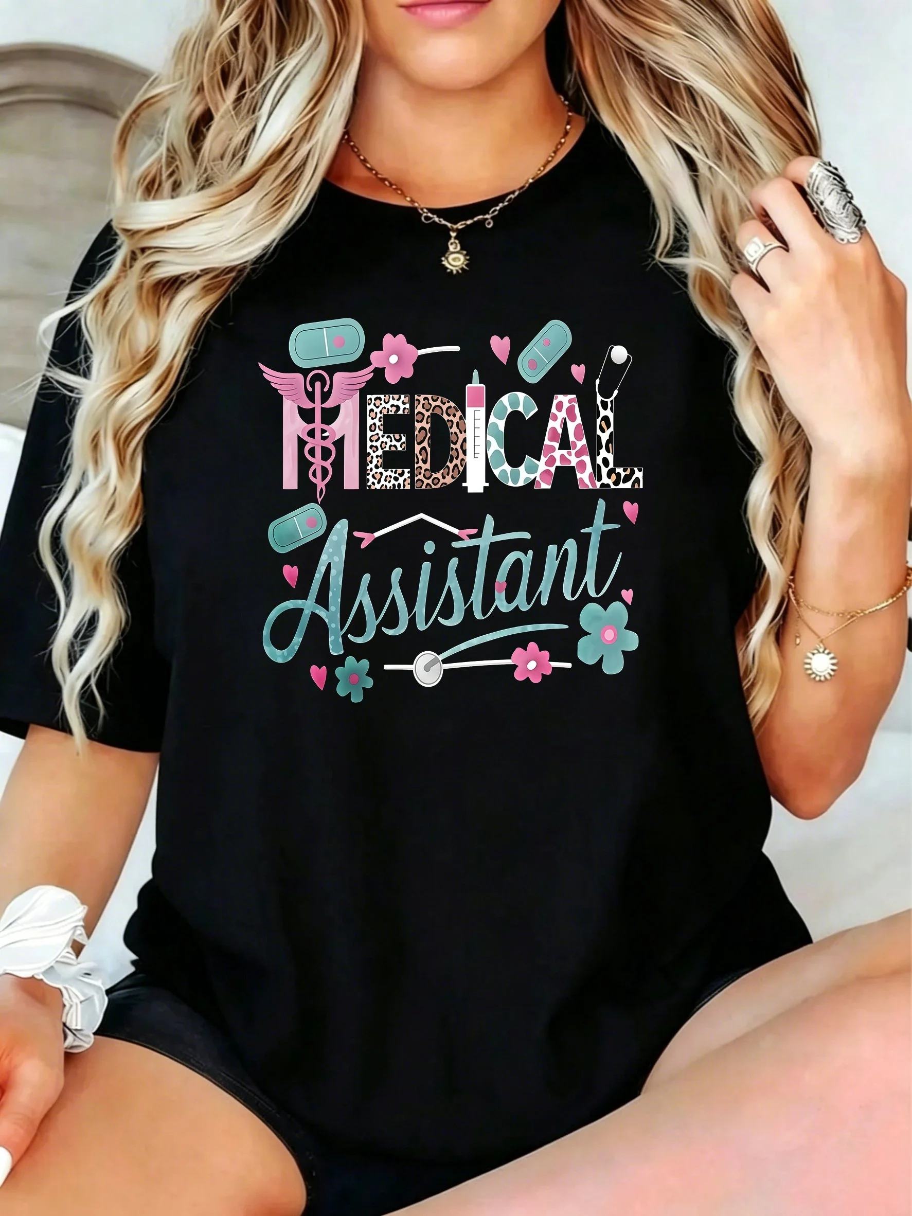 1Pcs Plus Size Women T-Shirt, Medical Assistant with Flowers and Medical Symbols Shirt, Loose Type Shirt for Women