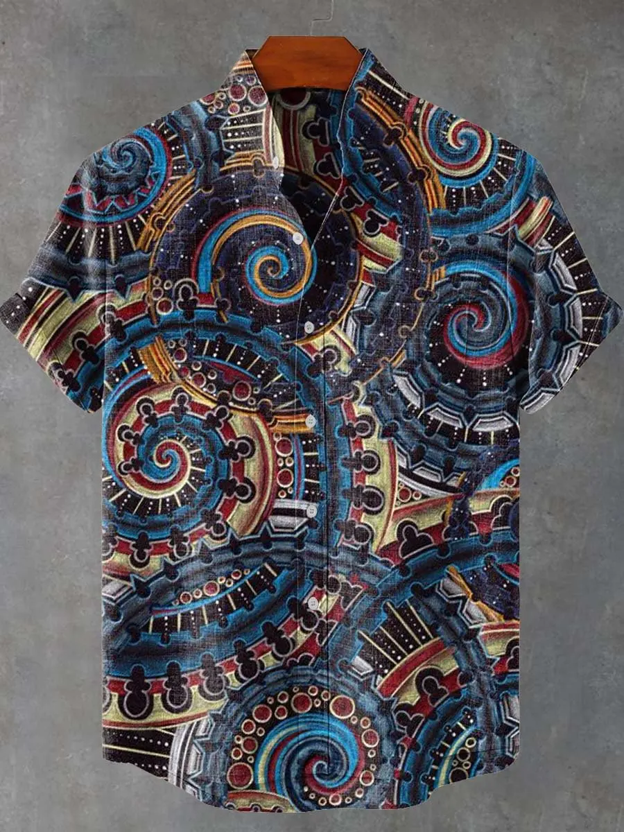 Vintage Fish Pattern Men's Linen Art Shirt Short Sleeve Linen Casual Shirt Fishing Fans Summer New Collection