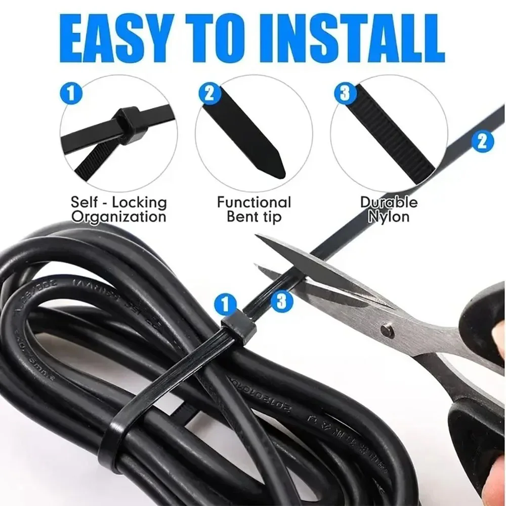 100/200/300/500/1000Pcs Self-locking White Black Plastic Nylon cable Zip Ties Fastening Ring Nylon Clamp strap with lock