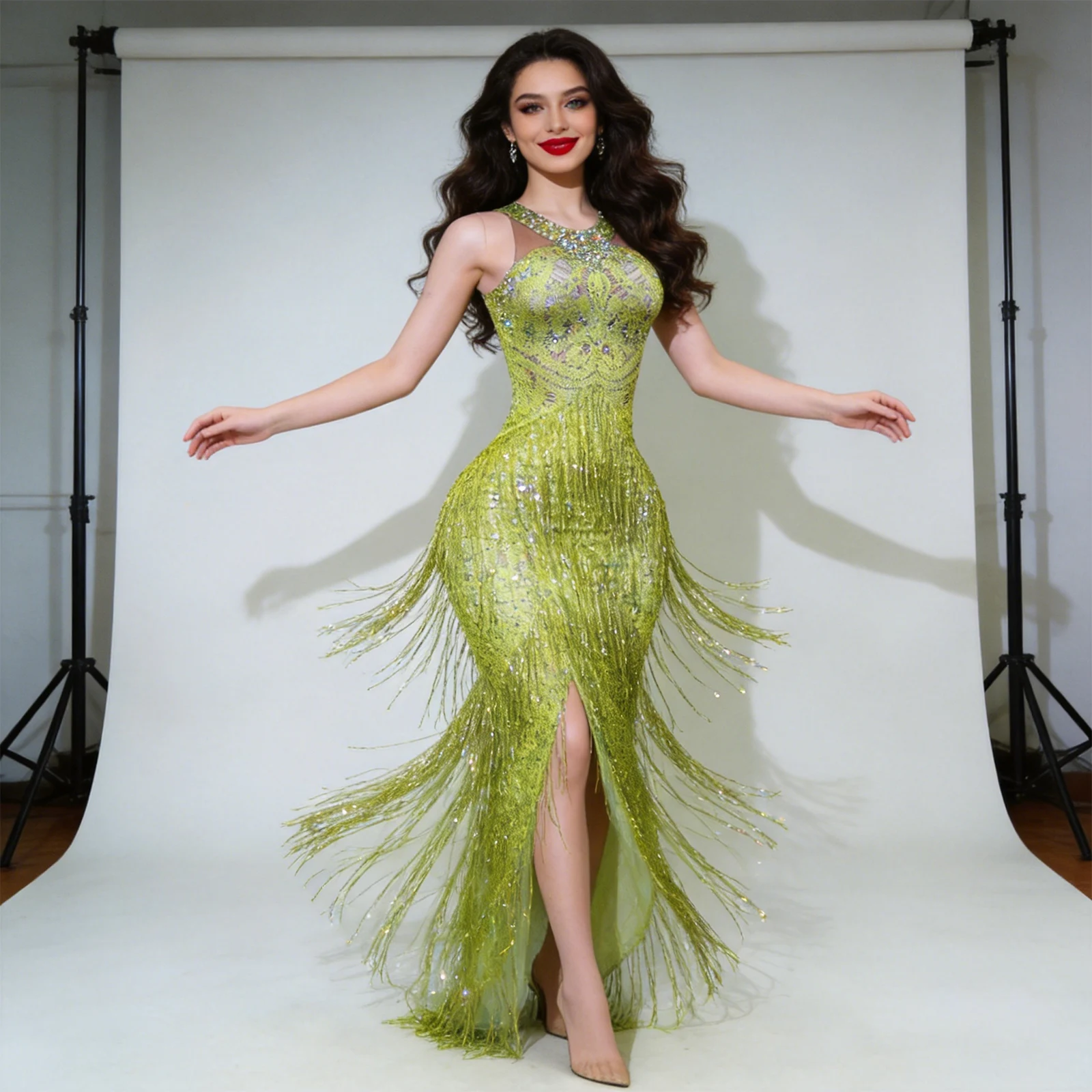 

Sparkly Green Rhinestones Sexy Birthday Party Tassel Split Dress Performance Dance Costume Stage Photoshoot drag queen outfit