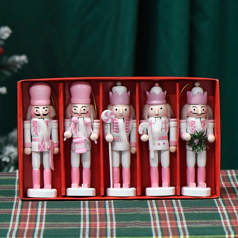 1Pc 13CM White&Pink Wooden Nutcracker Puppet Soldier Pendant Vintage Crafts Ornament Christmas New Year Home Decoration