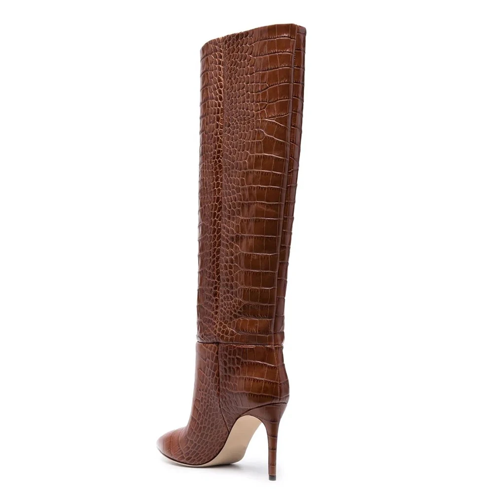 2023 New Crocodile pattern Brown Knee High Boots for Women Stilettos High Heel Long Boot Ladies Large Size Pointed Toe Boots