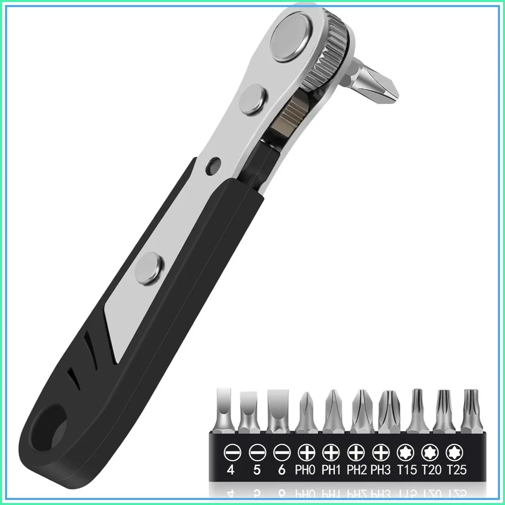 

10-In-1 Angled Ratchet Screwdriver Set, 90 Degree Right Angle for Tight Spaces, Professional Mini Ratchet
