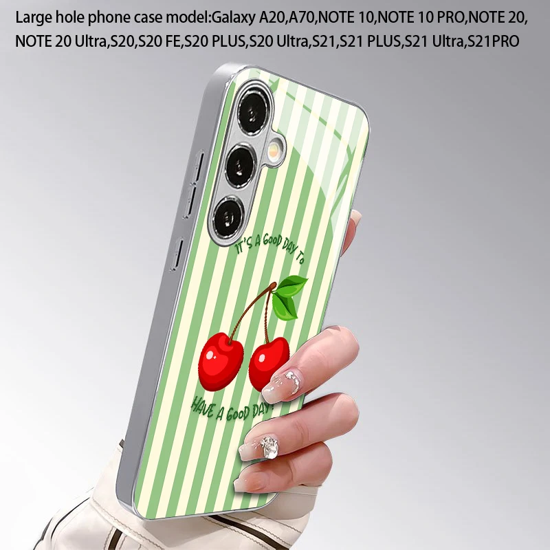 Cherry Stripe Pattern 2D Phone Case for Samsung S26 S25 S24 S23 S22 S21 S20 A56 A36 A16 - Electroplated Glass Protective Cover view 3