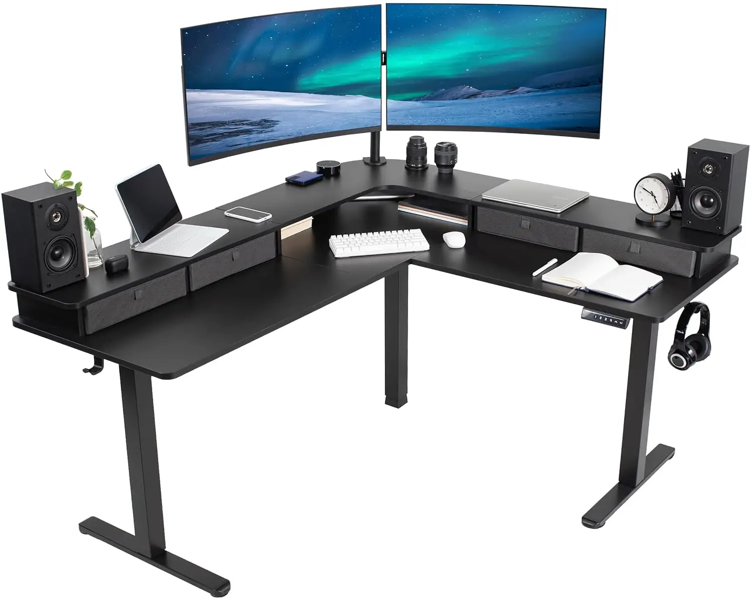 #2-Tier Corner L-Shaped Standing Desk 63x55in Height Adjustable Memory Controller Home Office Black Dark Gray, Customized