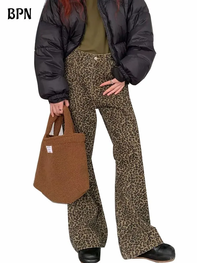 BPN moda Vintage Leopard Jeans dla kobiet z wysokim stanem Hit kolorowy patchworkowe kieszeń jesień Slim spodnie dżinsowe kobiecy styl odzież