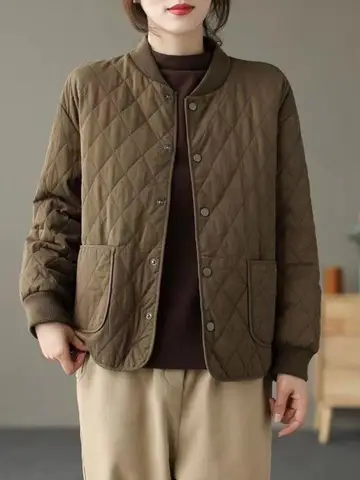 여성용 가벼운 짧은 면 재킷 가을 겨울 엄마 스타일 퀼팅 면 패딩 코트 단색 출퇴근 친화적