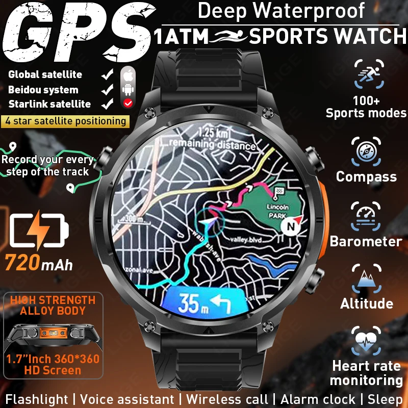

LIGE GPS Smart Watch 1.7" HD Display Built-in GPS Flashlight Compass Altimeter Bluetooth Phone Calls Sports Smartwatch For Men