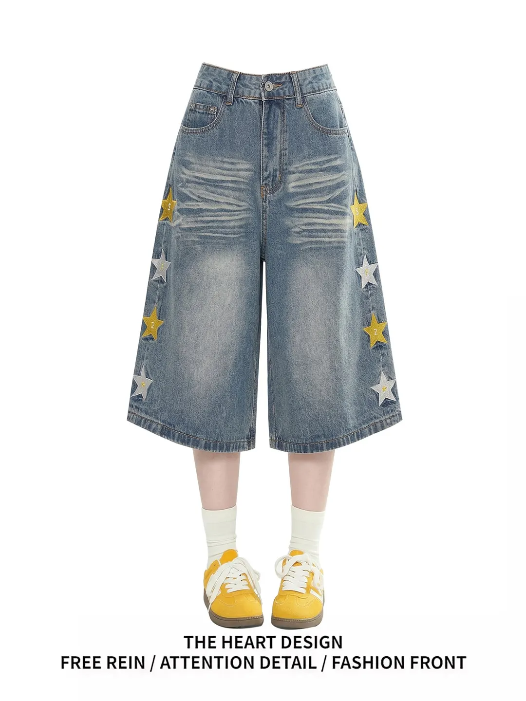 

American Style Women's Star Design Embroidery Jeans Seven-Foot Loose Casual Shorts High Waist Machine Embroidery Spring New