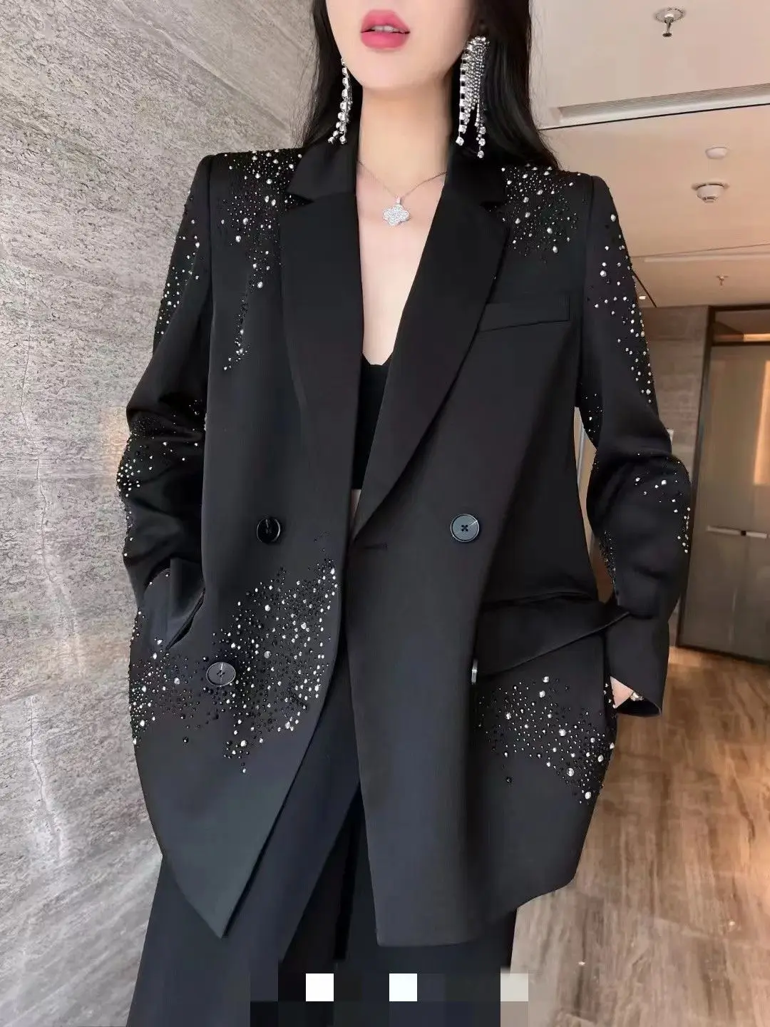 2024 Spring Autumn New Coat Suit Solid Color Popular Double Row Studded Diamond Sequin Loose Blazers