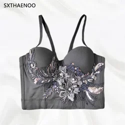 SXTHAENOO 2023 Summer Vintage Diamond Flowers Camisole Beading Black Corset Elegant Fashion Women's Sexy Crop Top топ женский