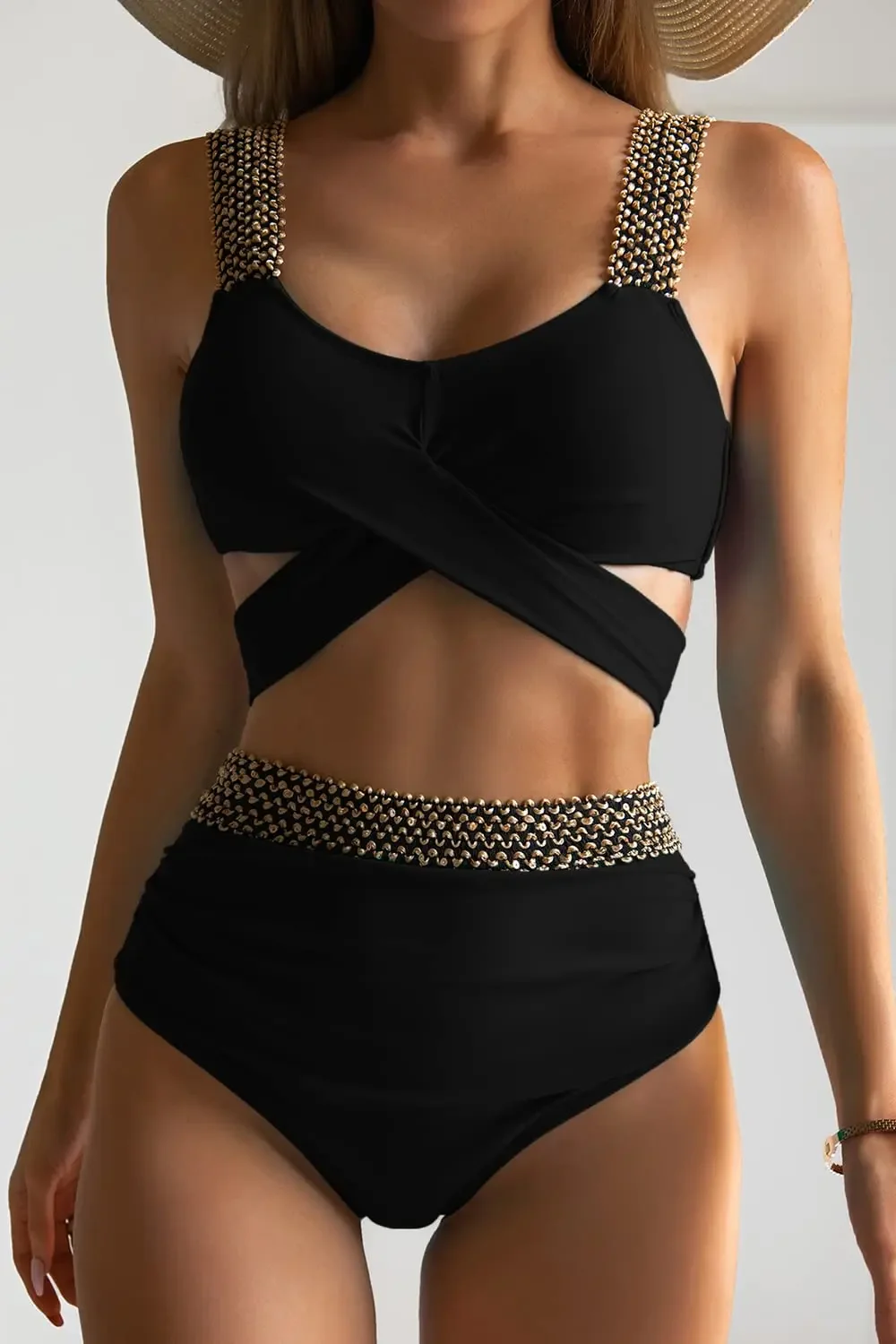 

Cross High Waist Bikinis 2025 Women Black Swimwear Solid Swimsuit Female Beachwear Summer Bathers Bathing Suit Swimming