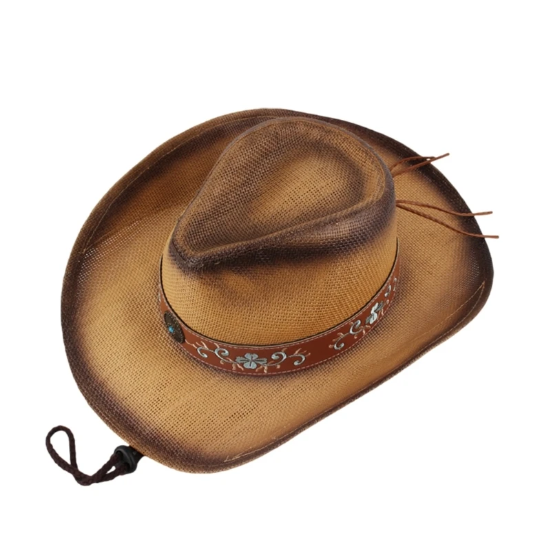 

Classical Straw Hat Beach Embroidered Western Cowboy Hat for Trilby Hat for Dinner Outdoor Casual Wear